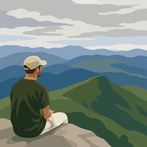 La pochette du podcast : un homme assis de dos, casquette, face à des montagnes bleues